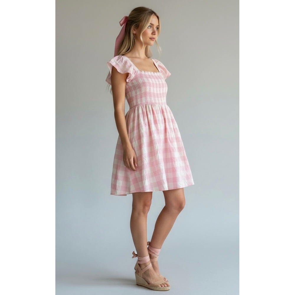 Old Navy‎ Pink White Gingham XXL Smocked Square Neck Flutter Sleeve Dress